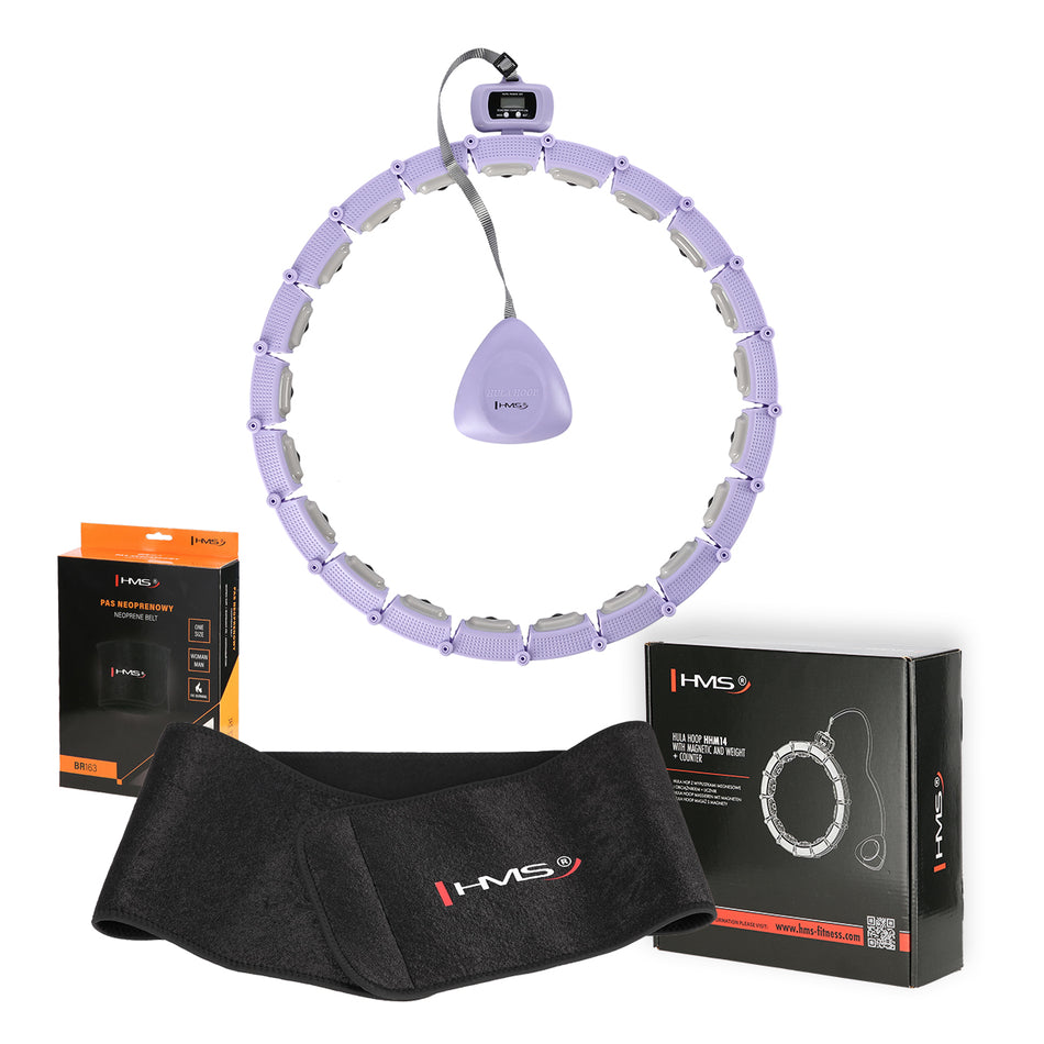 SET HHM14 HULA-HOOP-REIFEN VIOLET MIT MAGNETEN UND ZÄHLER HMS + SLIMMING-GURT BR163 BLACK