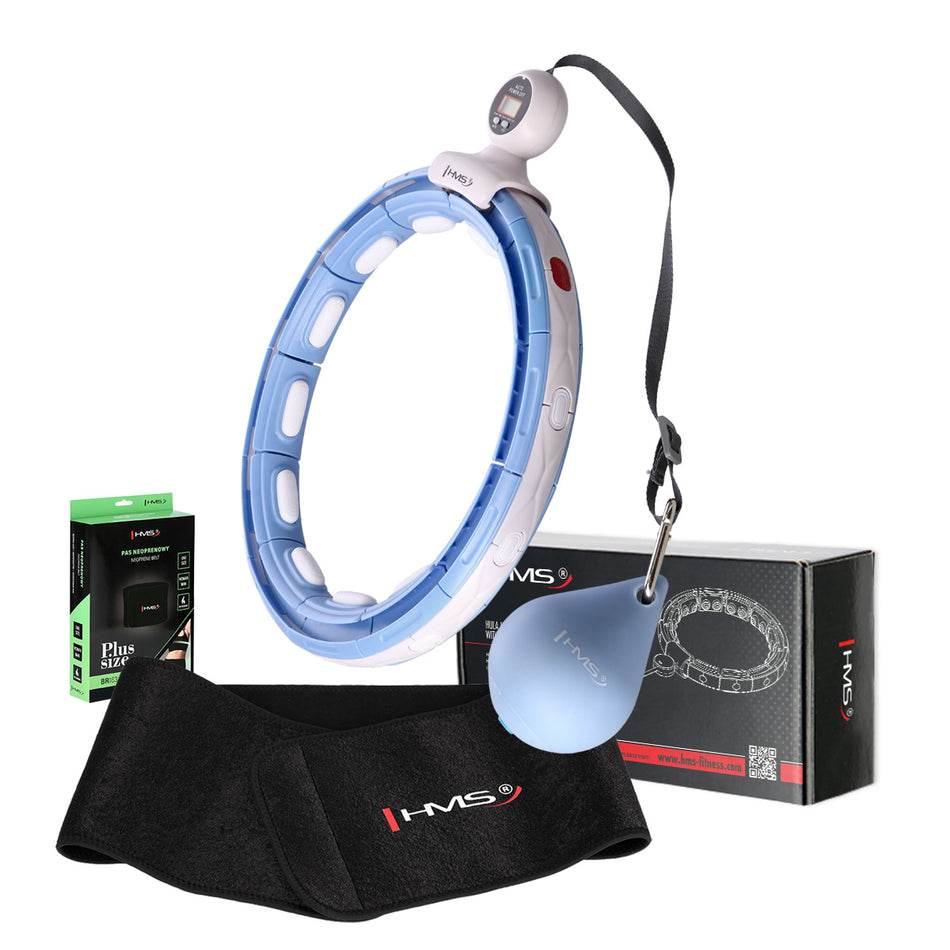 SET HULA HOOP MAGNETIC BLUE HHM15 WITH WEIGHT + COUNTER HMS + WAIST SUPPORT BR163 BLACK PLUZ SIZE