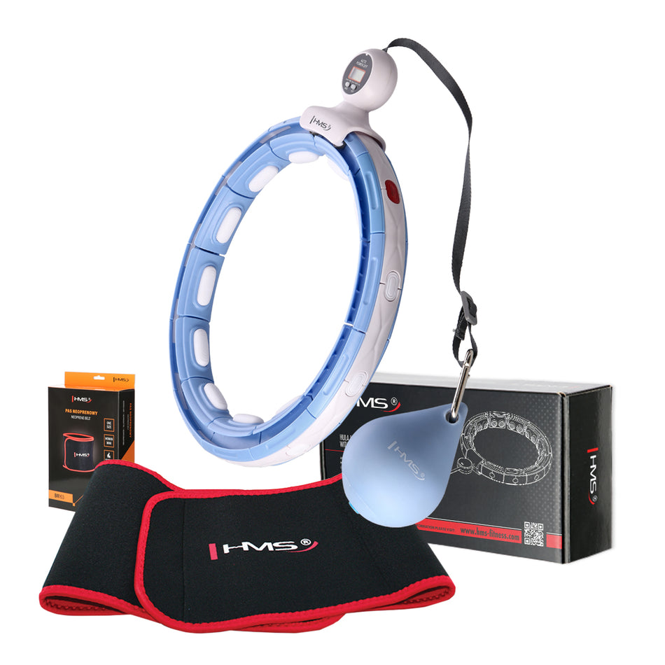 SET HHM15 HULA-HOOP-REIFEN BLUE MIT MAGNETEN UND ZÄHLER HMS + SLIMMING-GURT BR163 RED