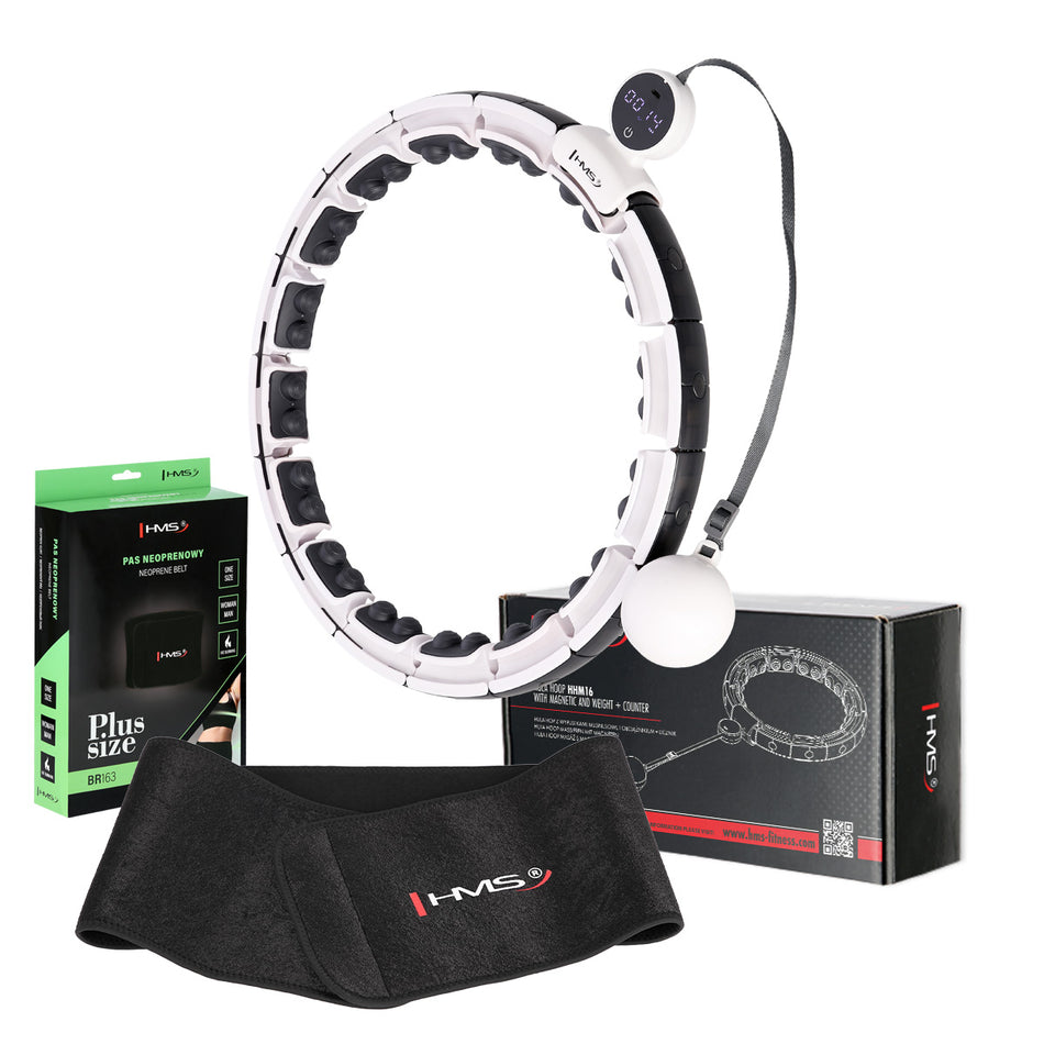 SET HULA HOOP MAGNETIC WHITE HHM16 WITH WEIGHT + COUNTER HMS + WAIST SUPPORT BR163 BLACK PLUZ SIZE