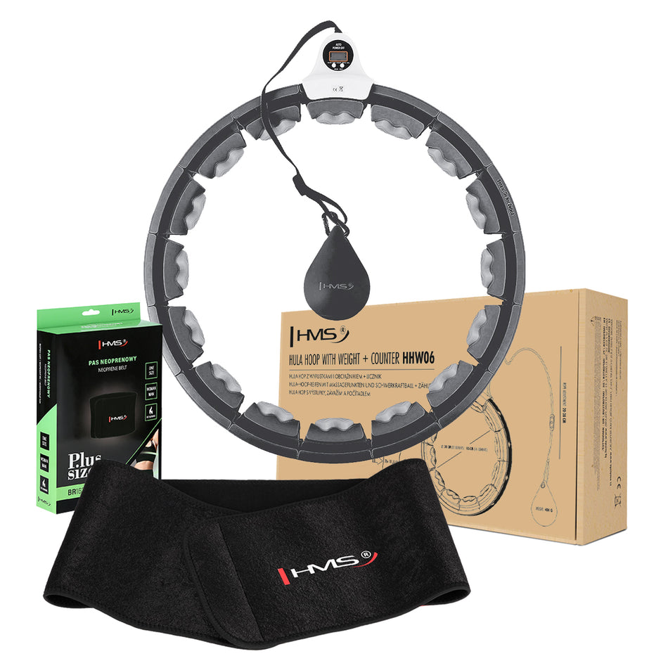 SET HULA HOOP HHW06 BLACK WITH A GRAVITY BALL AND COUNTER HMS + WAIST SUPPORT BR163 BLACK PLUZ SIZE