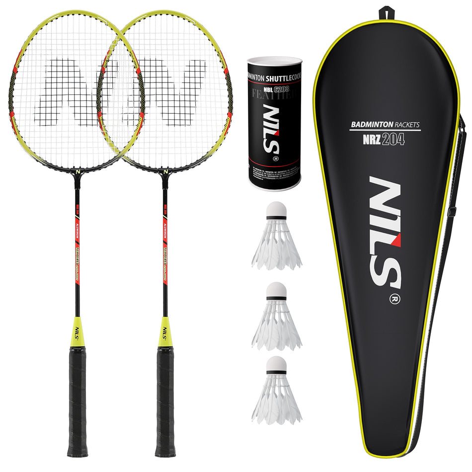 NRZ204-1 ALUMINIUM-BADMINTONSCHLÄGER-SET + 3 FEDERSCHMECHTBÄLLE + NILS-ABDECKHAUBE